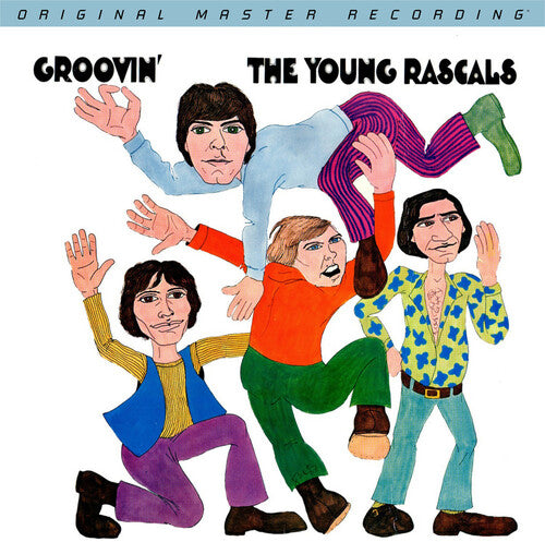 Vintage illustrated album cover for Groovin' The Young Rascals, featuring four cartoon-style band members in colorful retro clothing on a white background with a blue header.