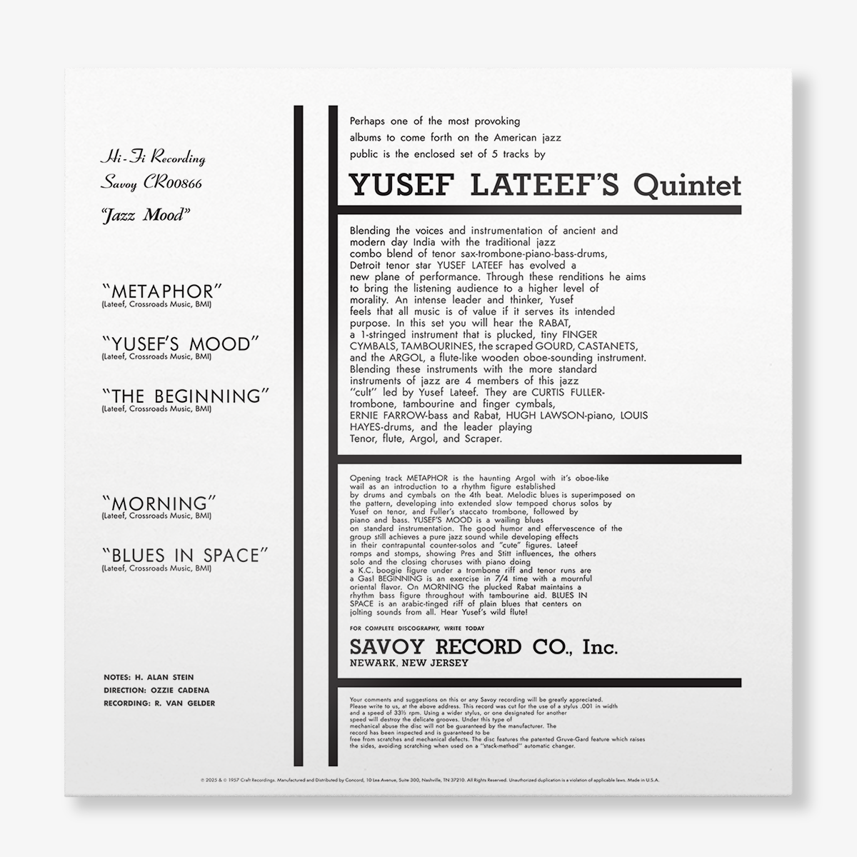 Album cover or record label for Yusef Lateef's Quintet with text and tracklist.
