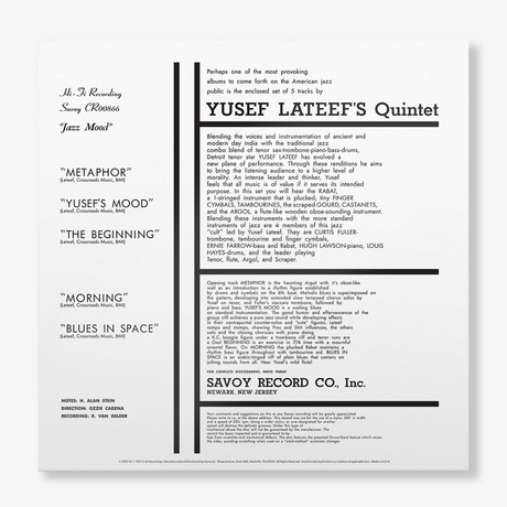 Album cover or record label for Yusef Lateef's Quintet with text and tracklist.