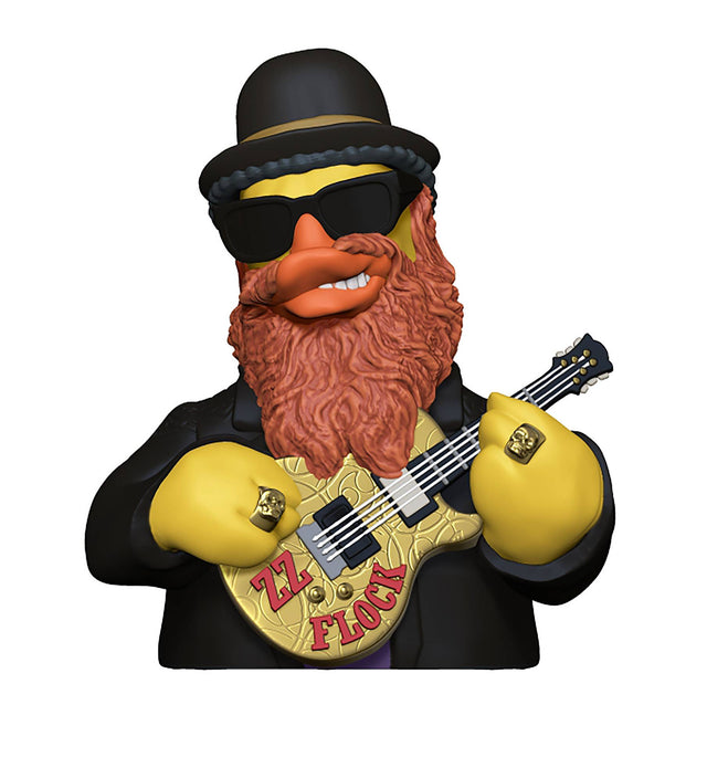 ZZ Flock collectible duck with sunglasses, hat, and beard holding a golden guitar
