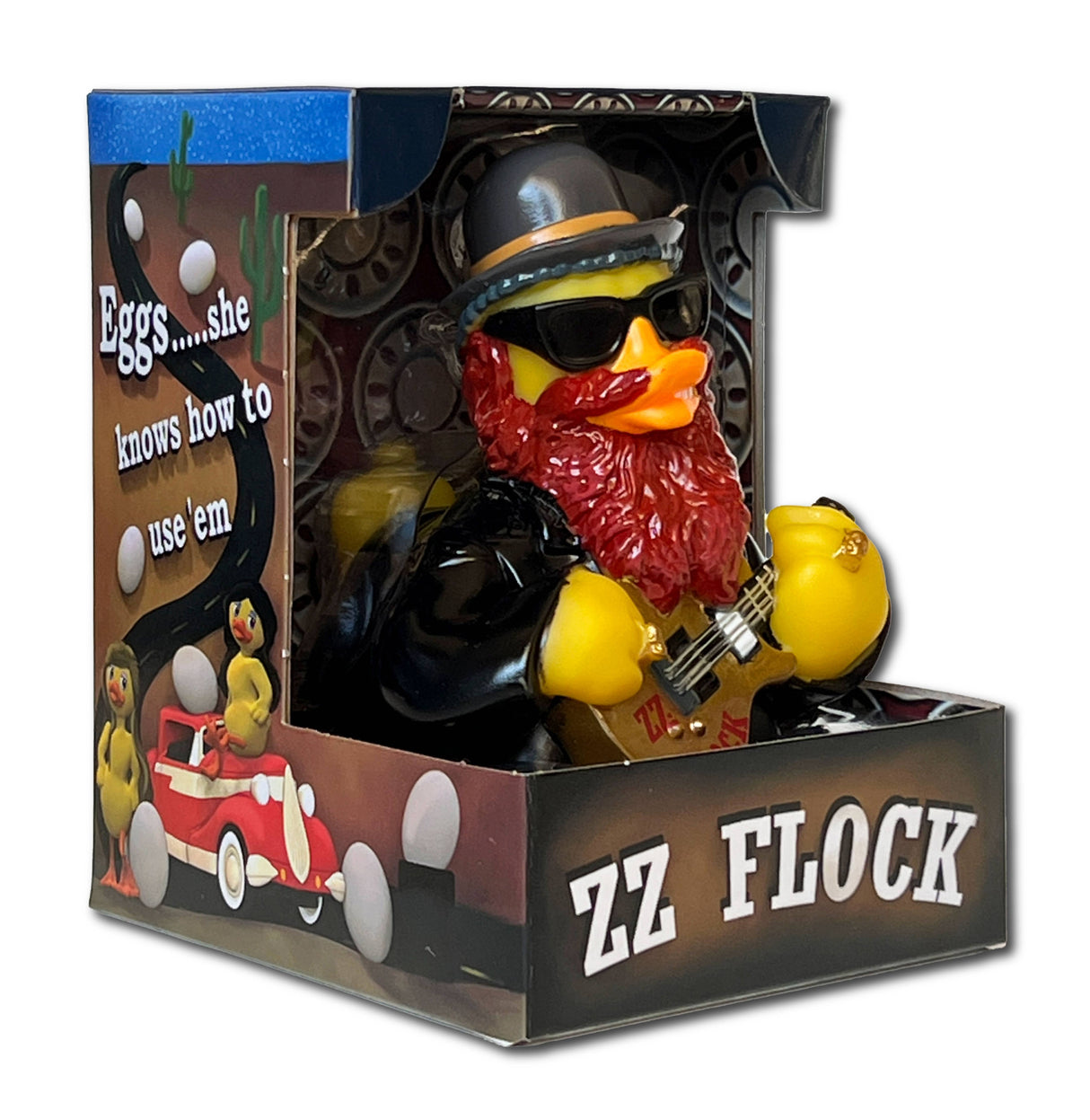 ZZ Flock rubber duck in display box with western-themed packaging