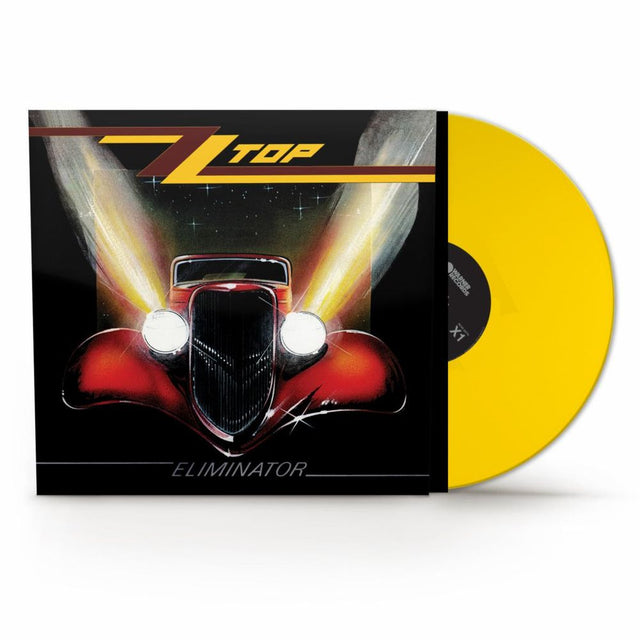 A vinyl record album shown in its sleeve, with the yellow record partially pulled out. The cover art features a red car with bright headlights on a black background, and the text 'ELIMINATOR' is visible at the bottom.