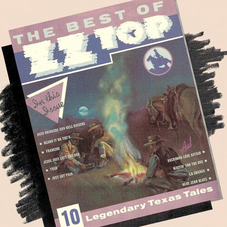 Vinyl LP cover of ZZ Top - The Best Of featuring the band members seated around a campfire with a night sky in the background, horses in the foreground, and the album's title and tracklisting.