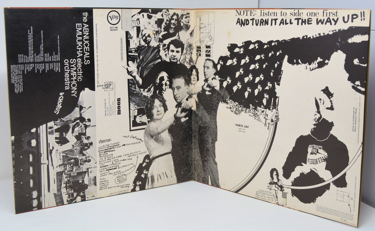 Inside gatefold of vinyl record cover with black and white graphics and text.