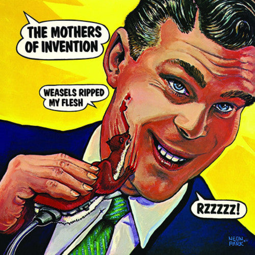 Album cover art for Frank Zappa's 'Weasels Ripped My Flesh' featuring a cartoon illustration of a man with a microphone, depicting a scene with text bubbles indicating the name of the band and the album title.