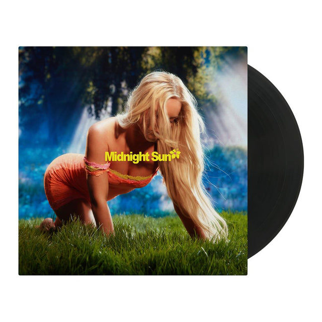 Vinyl record with a cover featuring a person in a natural setting and 'Midnight Sun' text.
