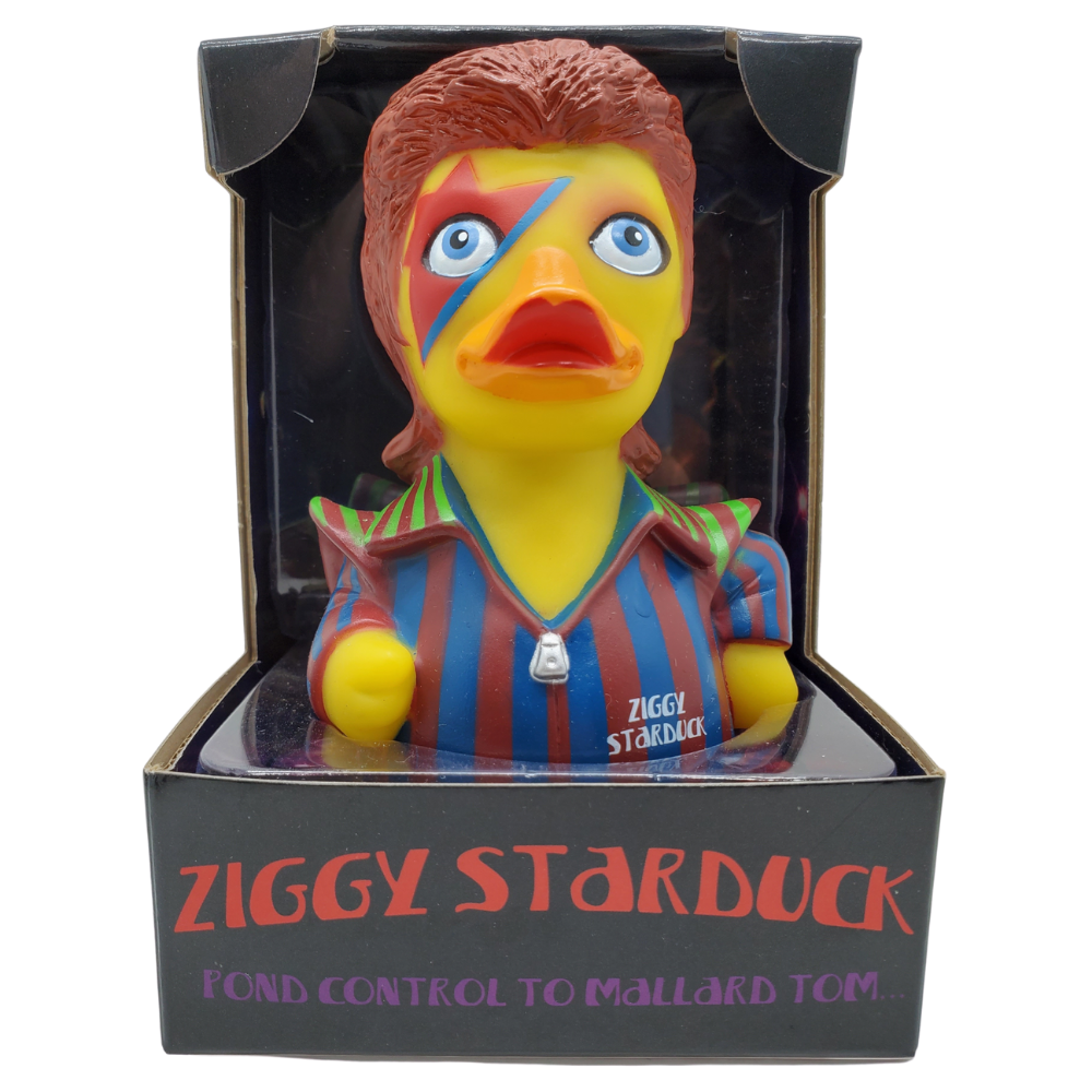 Front view of Ziggy Starduck rubber duck, showing bold stripes and facial makeup