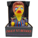 Front view of Ziggy Starduck rubber duck, showing bold stripes and facial makeup