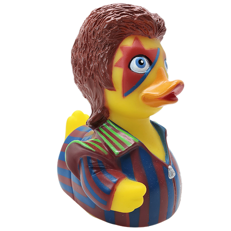 Angle view of Ziggy Starduck rubber duck with striped jacket and star face paint