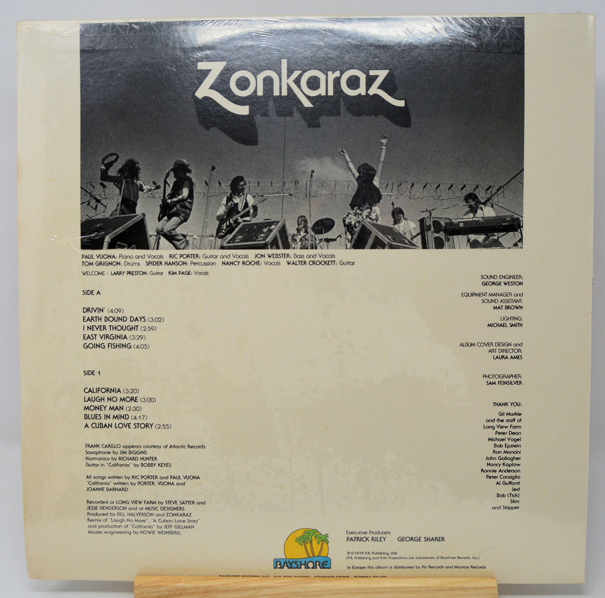Back cover of a vinyl record with 'Zonkaraz' branding and black and white photo of people playing instruments.