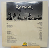 Back cover of a vinyl record with 'Zonkaraz' branding and black and white photo of people playing instruments.