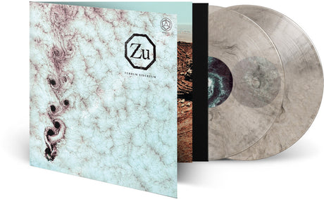 Vinyl record with marbled design and 'Zu' branding on a white background
