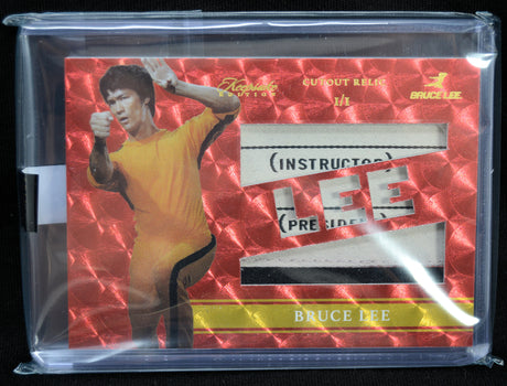 Collectible card of Bruce Lee in a yellow outfit with red background