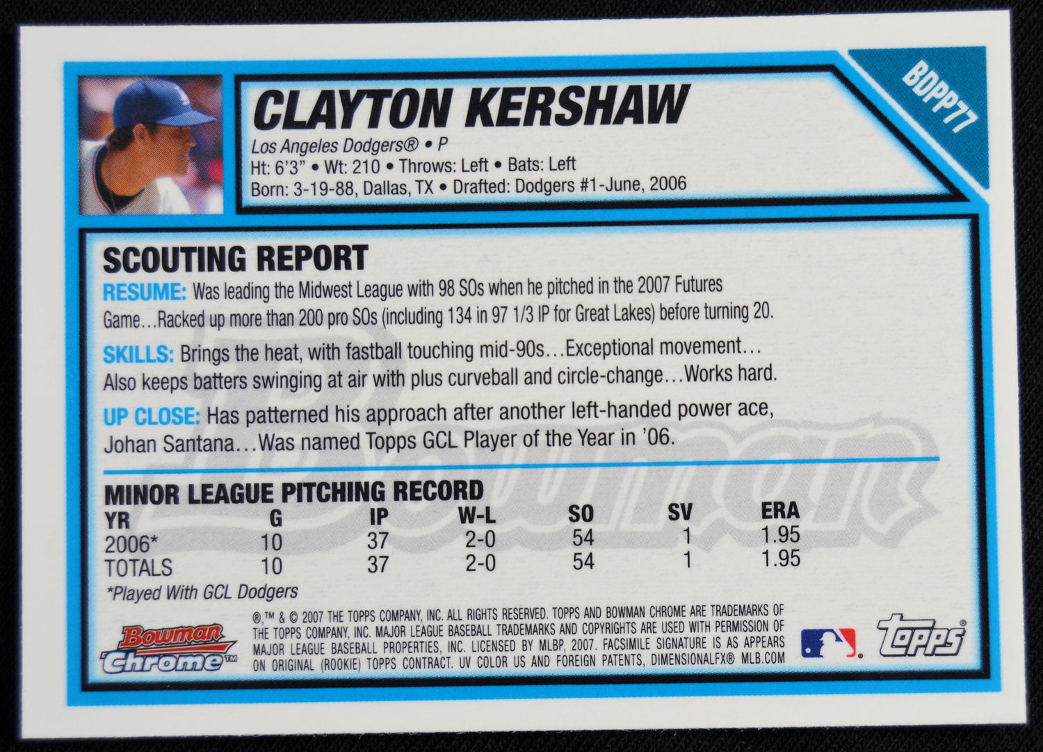 Kershaw, Clayton - 2007 Bowman Chrome Draft