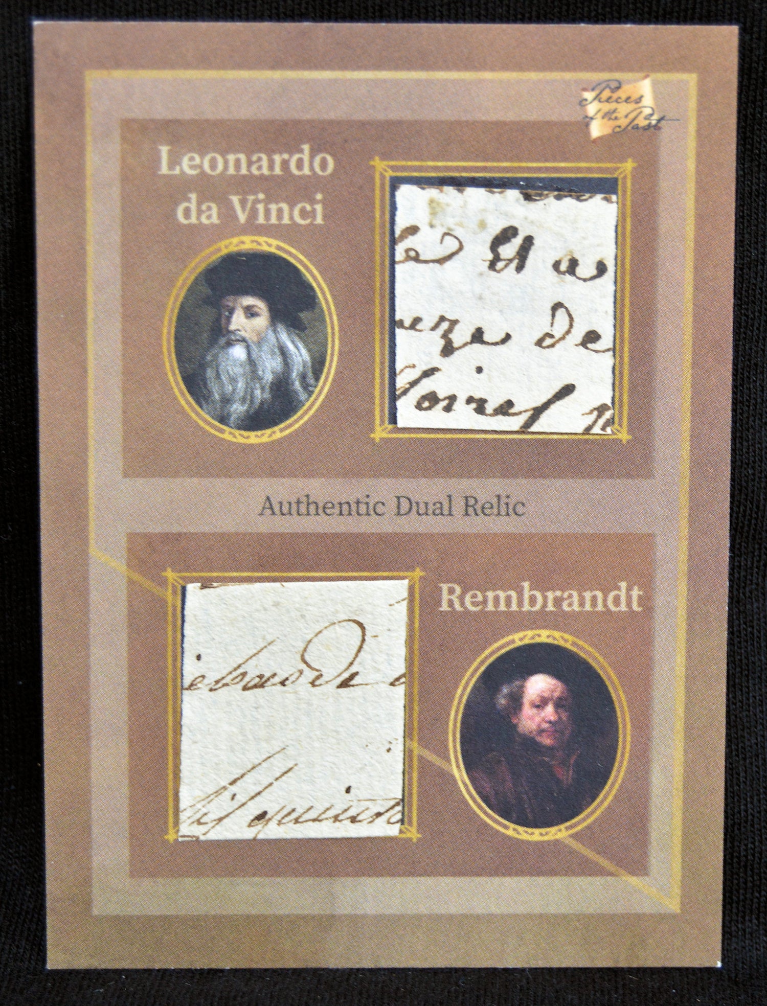 Card featuring portraits of Leonardo da Vinci and Rembrandt with text 'Leonardo da Vinci' and 'Rembrandt' on a brown background.