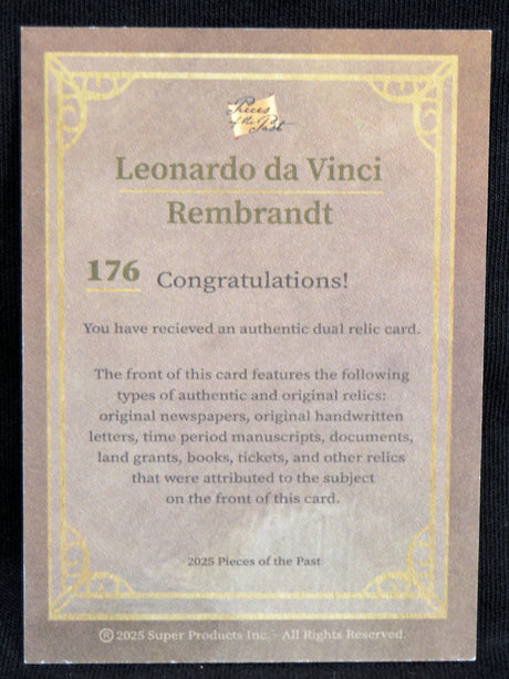 Card featuring Leonardo da Vinci and Rembrandt with text about receiving an authentic dual relic card.