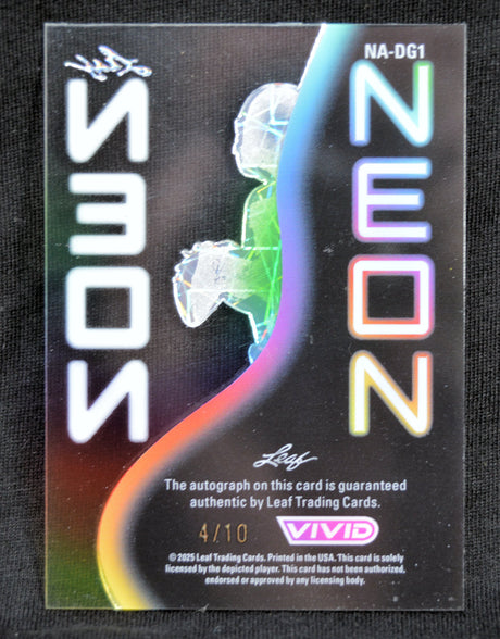 Neon trading card with colorful design and text on a black background