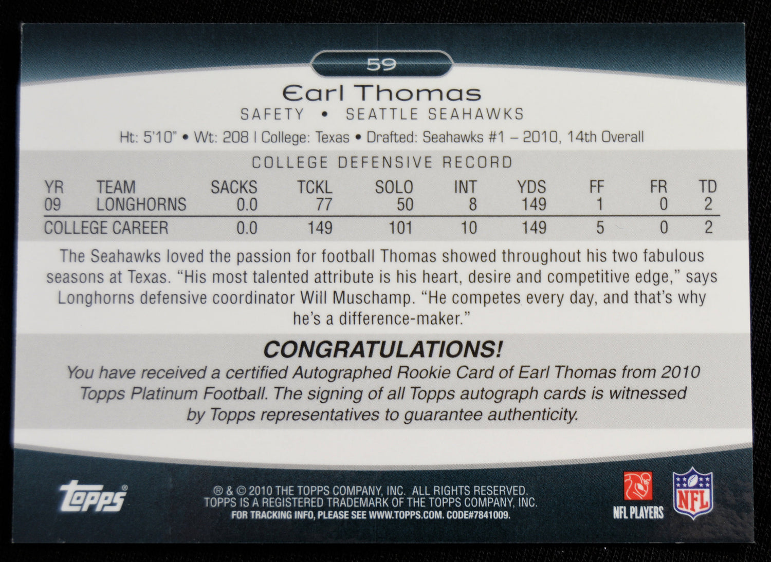 Thomas, Earl - 2010 Topps Platinum RC