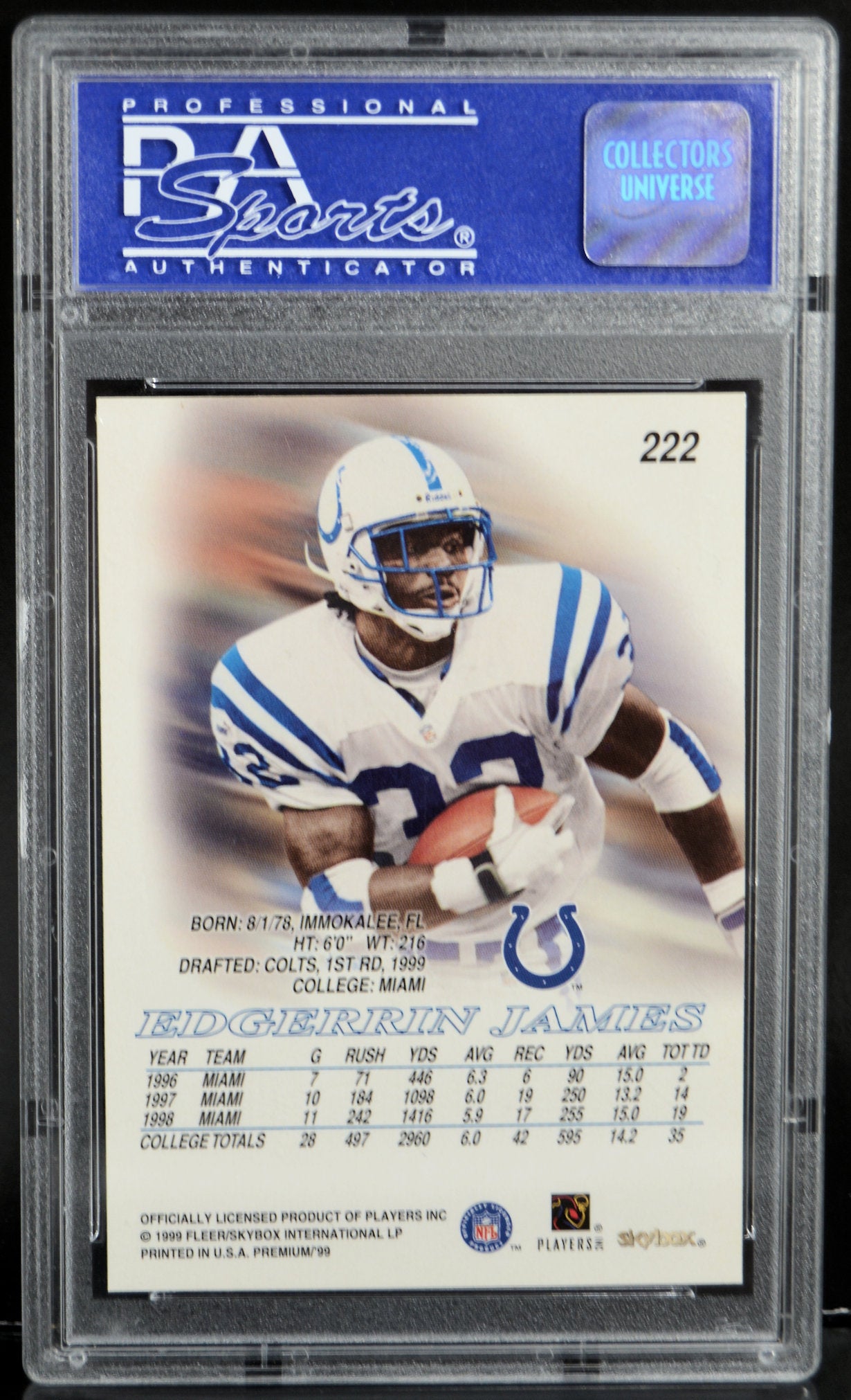 レア✨プレミアム切手✨ 1999 Skybox Premium - Edgerrin James - 222 Rookie Graded