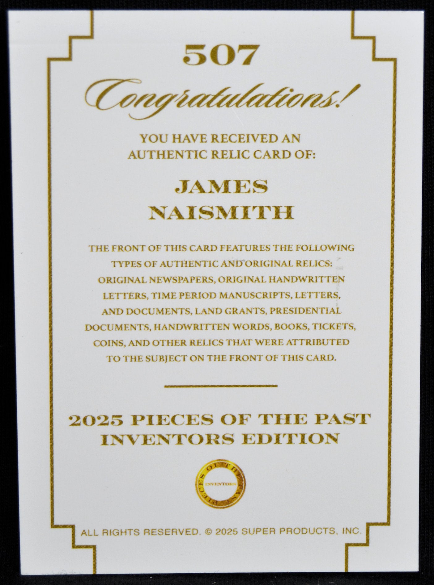 James Naismith - Jumbo Relic Card, Keepsake Pieces of the Past Inventors