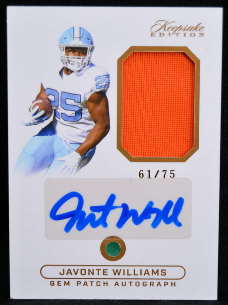 Sports trading card featuring a football player, Javonte Williams with an Autograph / Signature and patch, limited edition 61/75