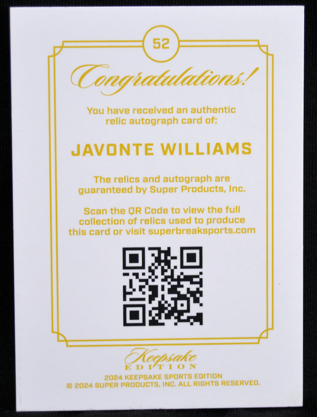 Card with 'Congratulations' message for Javonte Williams, featuring a QR code and branding details.