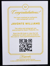 Card with 'Congratulations' message for Javonte Williams, featuring a QR code and branding details.