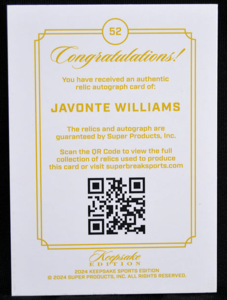 Card with 'Congratulations' message for Javonte Williams, featuring a QR code and branding details.