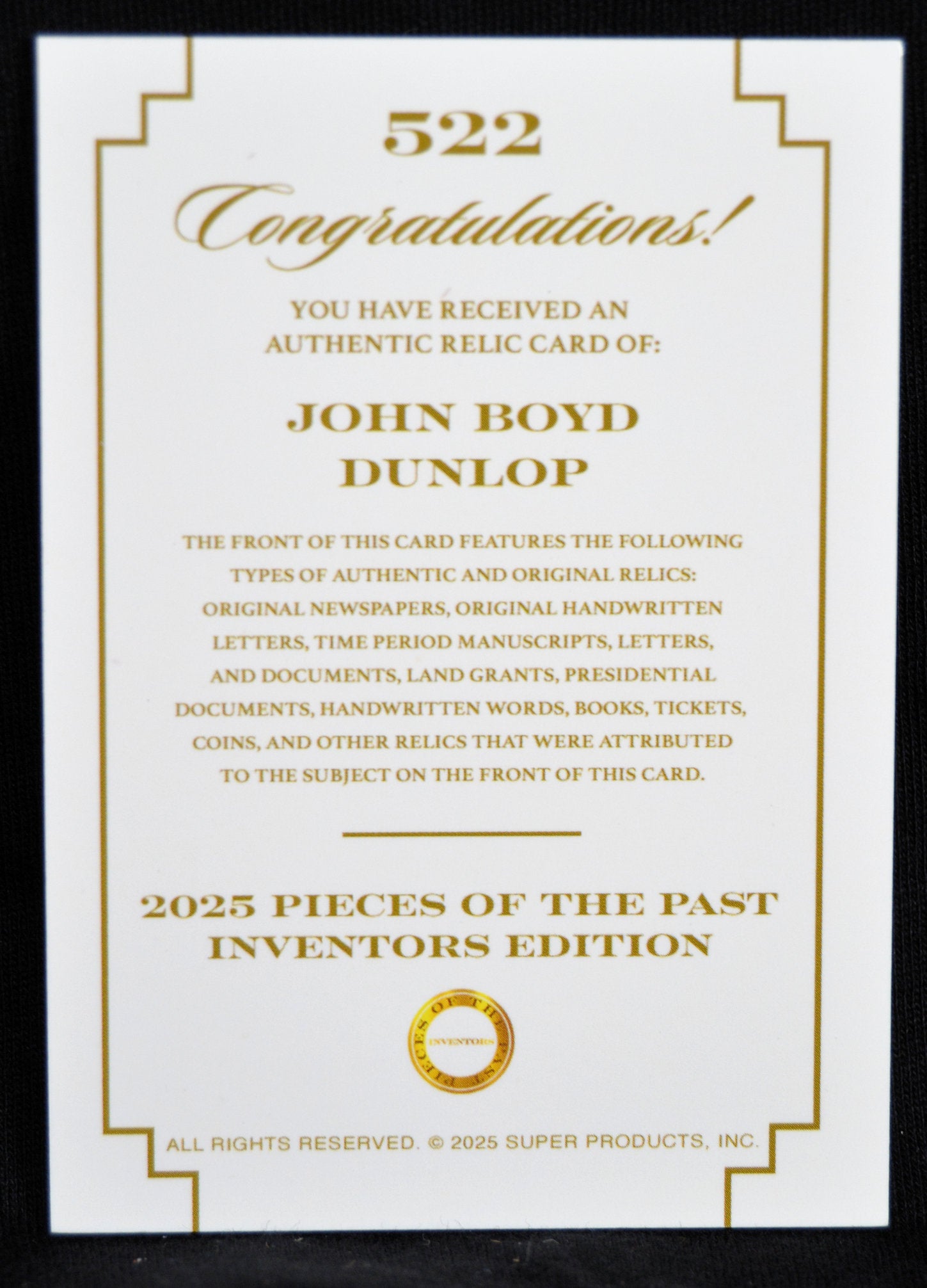 John Boyd Dunlop - Jumbo Relic Card, Keepsake Pieces of the Past Inventors