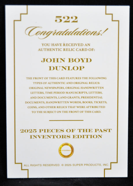 John Boyd Dunlop - Jumbo Relic Card, Keepsake Pieces of the Past Inventors
