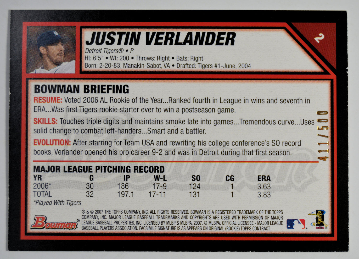 Verlander, Justin - 2007 Bowman Blue
