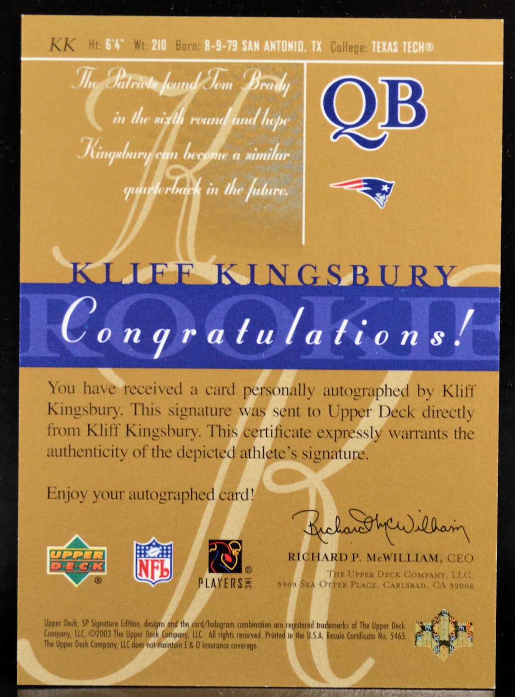 Kingsbury, Kliff - 2003 SP Signature