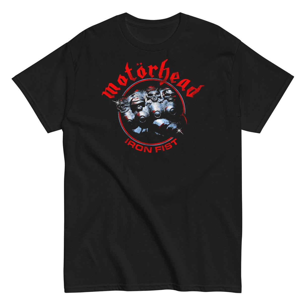 Black t-shirt with Motörhead logo featuring a helmeted face and 'Iron Fist' text on a white background.