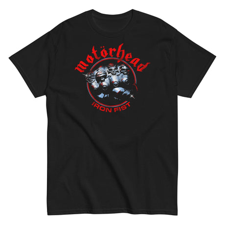 Black t-shirt with Motörhead logo featuring a helmeted face and 'Iron Fist' text on a white background.