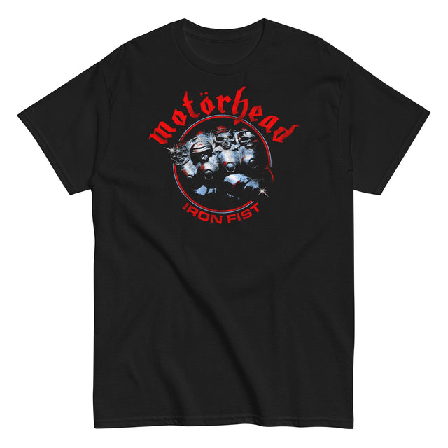 Black t-shirt with Motörhead logo featuring a helmeted face and 'Iron Fist' text on a white background.