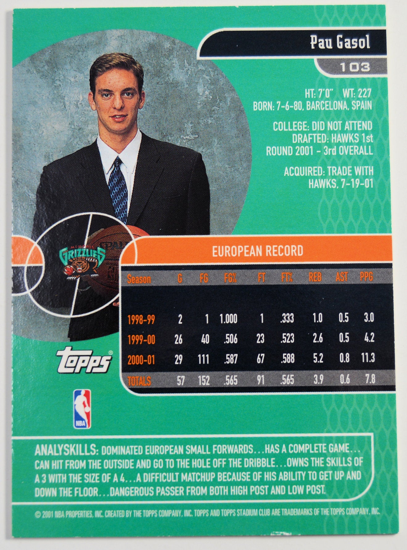 Gasol, Pau - 2001-02 Stadium Club RC