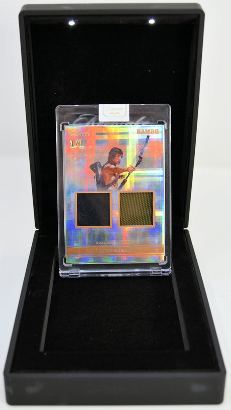 Trading card in a protective case with colorful design and text