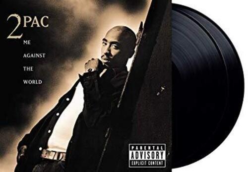 A vinyl record cover featuring an image of 2Pac with a dark tone and a cigarette in his hand, with the title 'Me Against The World' displayed.