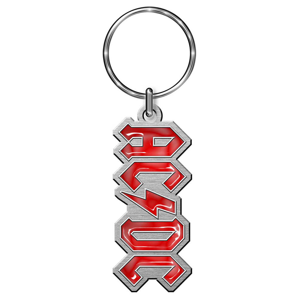 A metal die-cast keychain with the AC/DC logo design motif in red and silver colors.