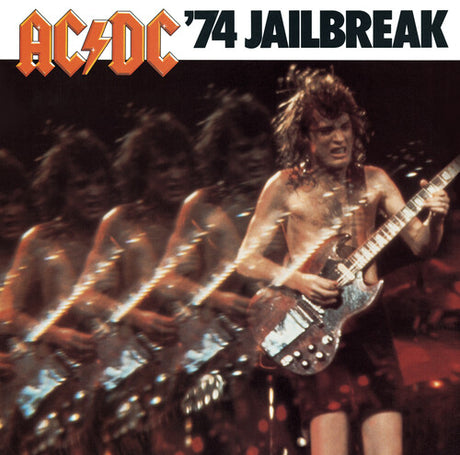 Album cover of AC/DC - '74 Jailbreak featuring a live performance of Angus Young on guitar with the band in the background.