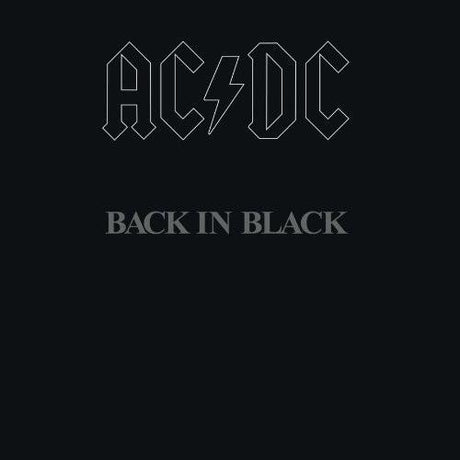 Black vinyl record album cover for AC/DC - Back In Black with white text displaying the band's name and album title.