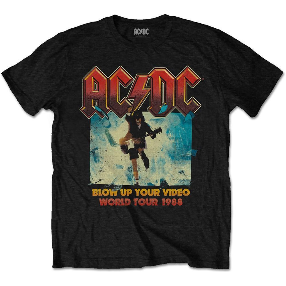 A black T-shirt with 'AC/DC' text and the phrase 'BLOW UP YOUR VIDEO WORLD TOUR 1987' printed on the front.