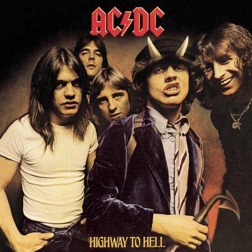 Cover of the AC/DC album 'Highway To Hell' featuring a group photo of the band members with a stylized graphic of a road and hellish backdrop.