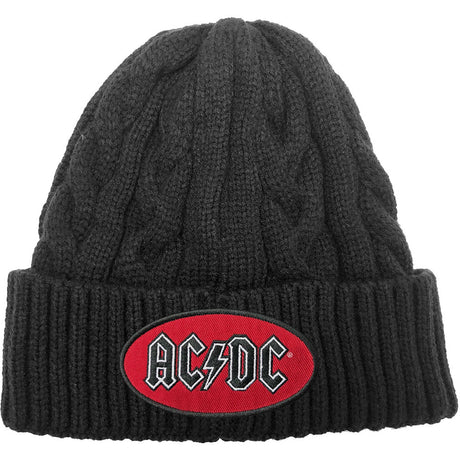 A black knit beanie with an AC/DC logo on the cuff.