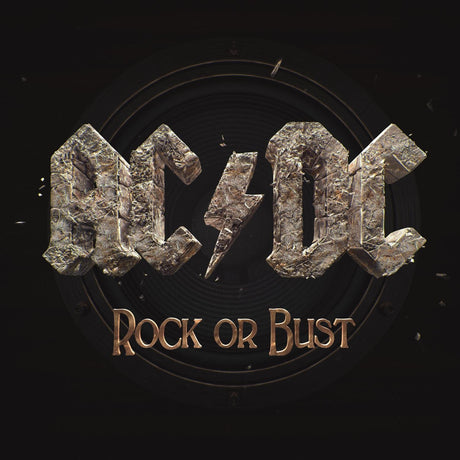 AC/DC - Rock Or Bust album cover art featuring the band's logo with a backdrop of a vinyl record.