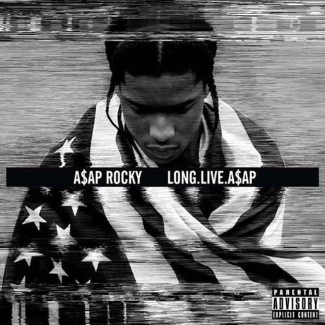 A black and white album cover of A$AP Rocky with the title 'Long.Live.A$AP' draped over an American flag.