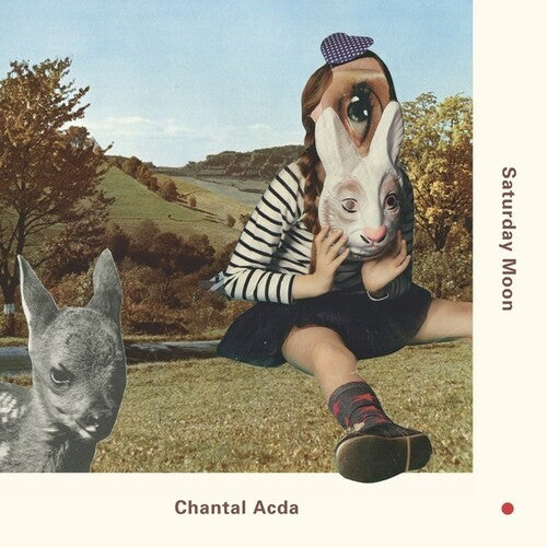 A vinyl record cover featuring a person with a bunny face and ears, sitting outdoors, with a field and trees in the background. The title 'Saturday Moon' is visible on the cover.