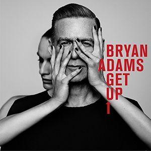 Black and white album cover featuring a man with his hands covering his face, with the text 'BRYAN ADAMS GET UP 1' displayed prominently.