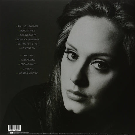 Black and white album cover of Adele with the title '21' in green text.