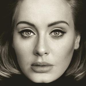 Black and white image of Adele, featuring her eyes and lips.